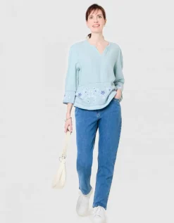 Blouse brodée coton vert