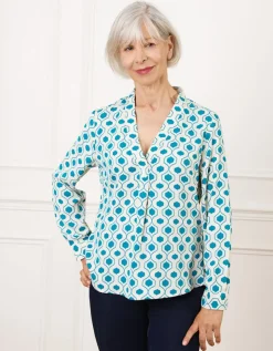 Blouse col V motif bleu