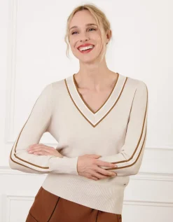 Pull beige col V rayures