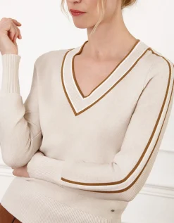 Pull beige col V rayures
