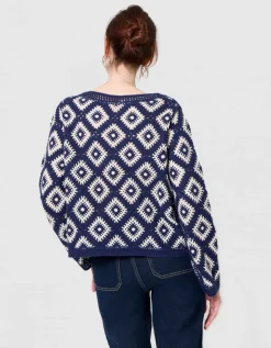 Pull crochet coton bleu