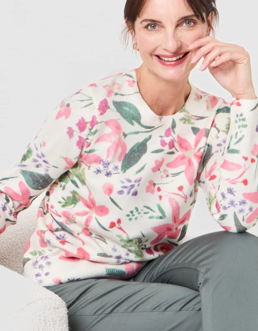 Pull motif floral écru