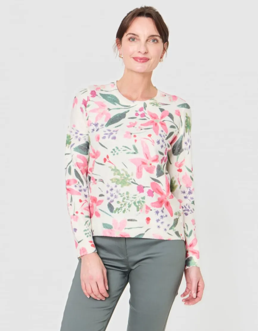Pull motif floral écru
